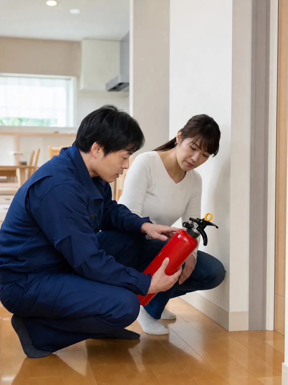 家庭用消火器を確認する日本人（自然な縦位置写真）。家庭用消火器、防火、住宅防災、火災予防の記事や案内に使える商用素材です。