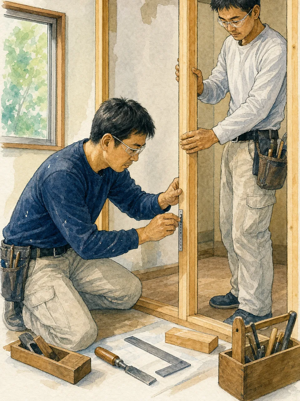 住宅を改修する日本人大工（手描き水彩）。大工、リフォーム、木工、住宅建築の記事に使える職人素材です。