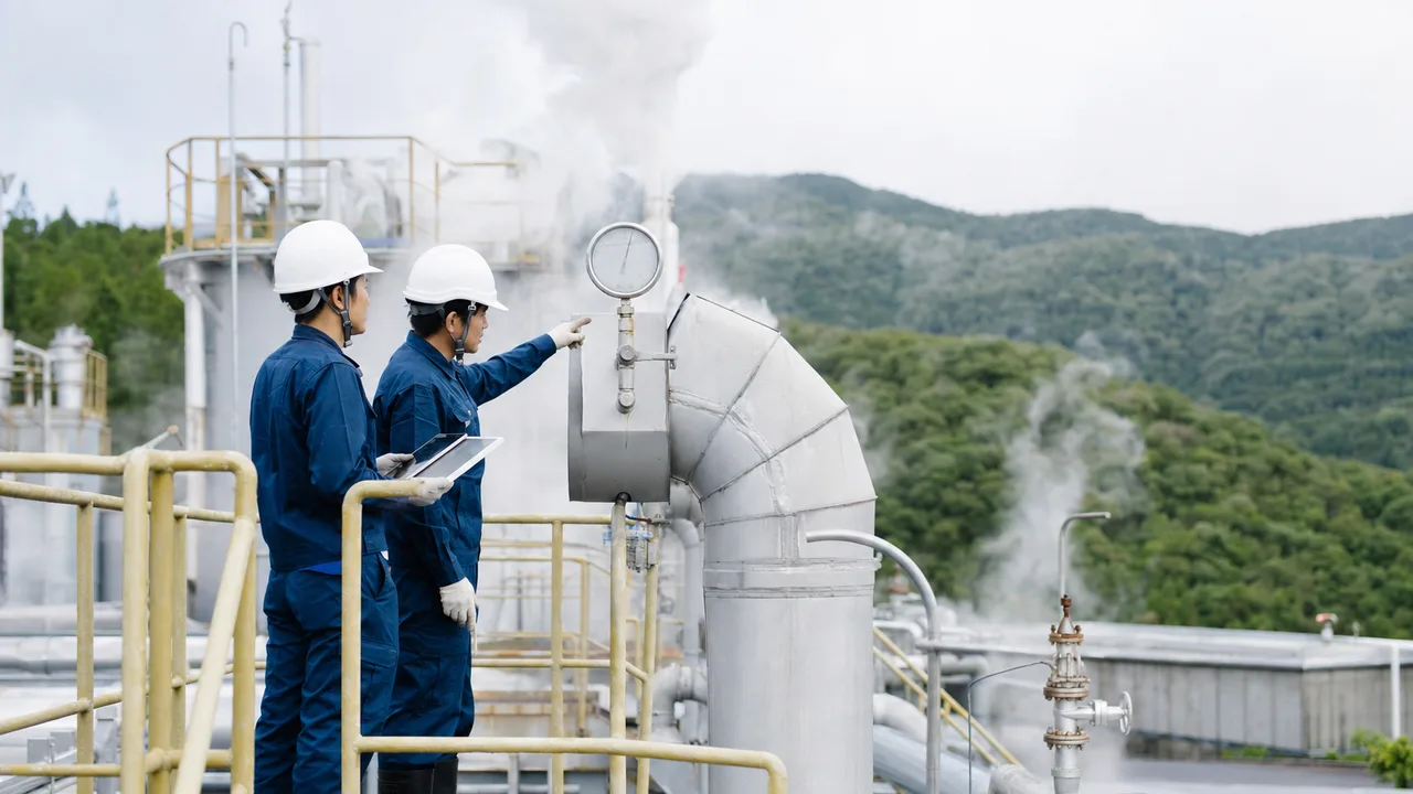 地熱発電所を監視する日本人技術者（横長・コピースペース）。地熱発電、再生可能エネルギー、発電所、設備点検の記事や案内に使える商用素材です。