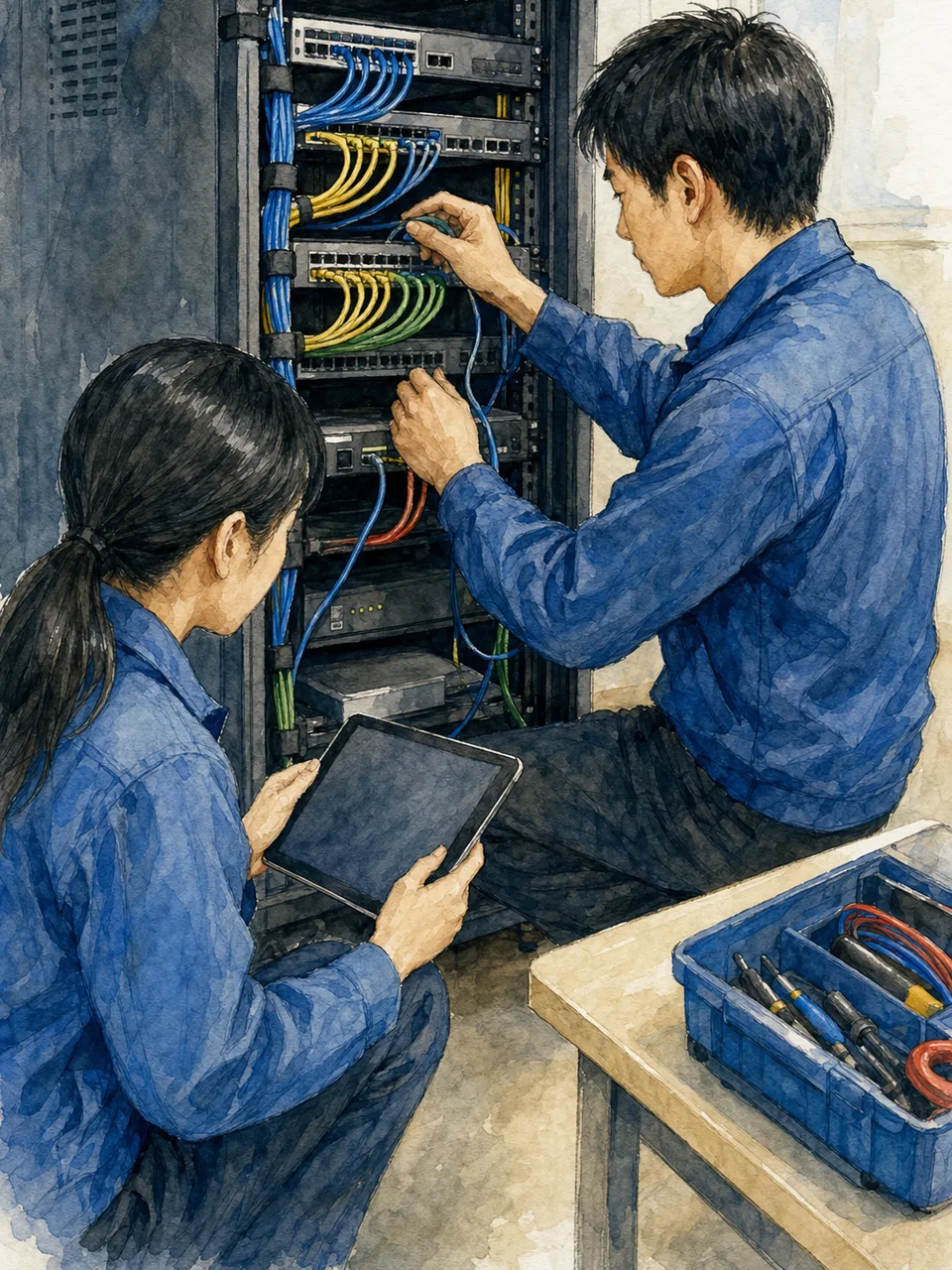 ネットワークを保守する日本人エンジニア（手描き水彩）。ネットワークエンジニア、通信設備、保守、IT基盤の記事向け素材です。