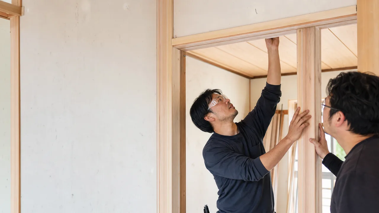 住宅を改修する日本人大工（横長・コピースペース）。大工、リフォーム、木工、住宅建築の記事に使える職人素材です。