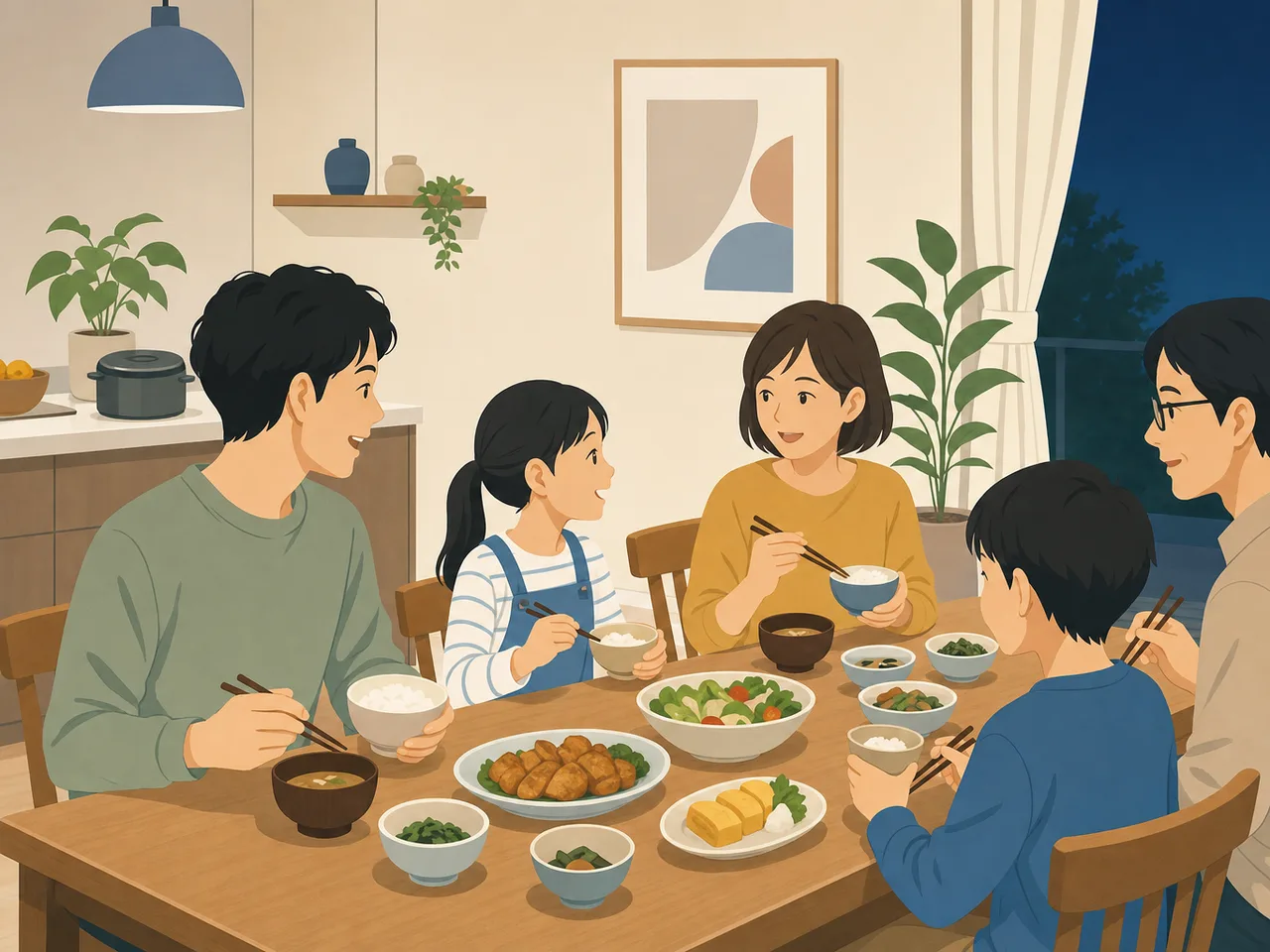 食卓を囲む日本人のステップファミリー（フラットイラスト）。ステップファミリー、再婚家庭、家族の食卓、子育ての記事や案内に使える商用素材です。