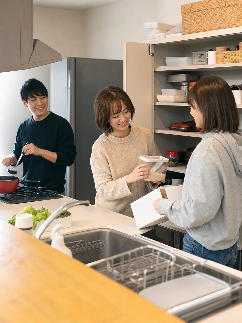 シェアハウスで暮らす日本人（自然な縦位置写真）。シェアハウス、共同生活、若者、住まいの記事向け素材です。
