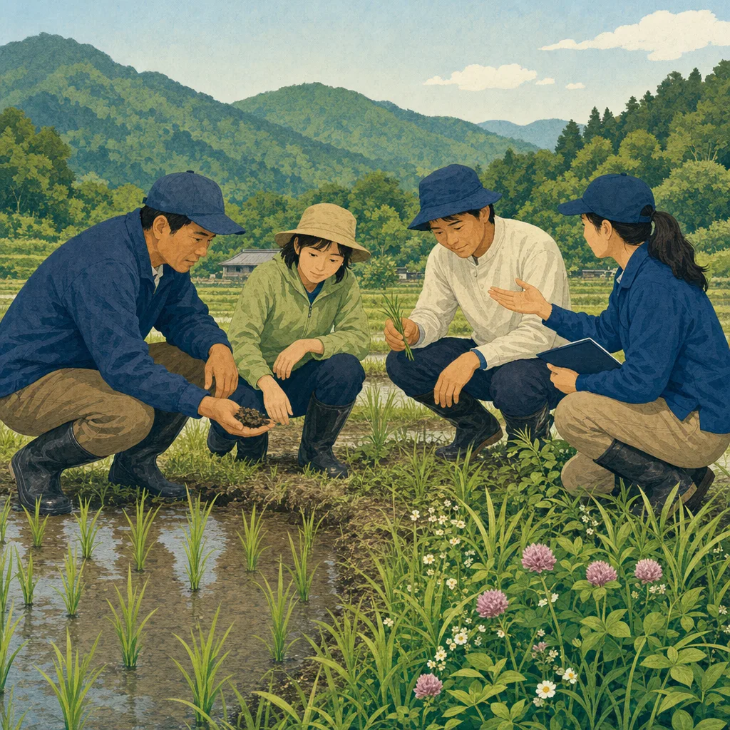 環境に配慮して稲作をする日本人農家（編集記事向け）。環境保全型農業、稲作、水田、土づくりの記事や案内に使える商用素材です。