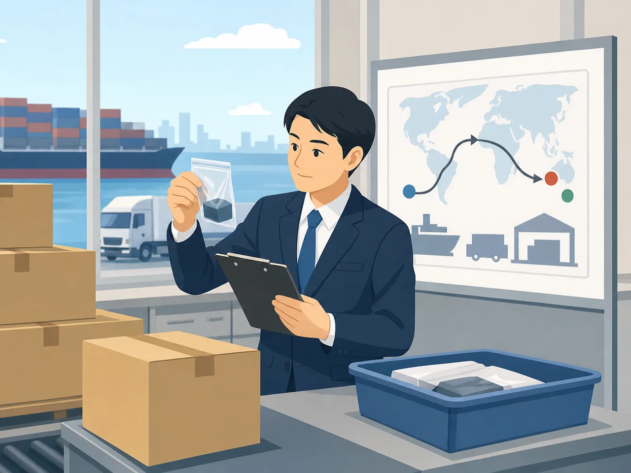 輸入通関を確認する日本人通関士（フラットイラスト）。通関士、輸入通関、貿易、税関手続きの記事や案内に使える商用素材です。