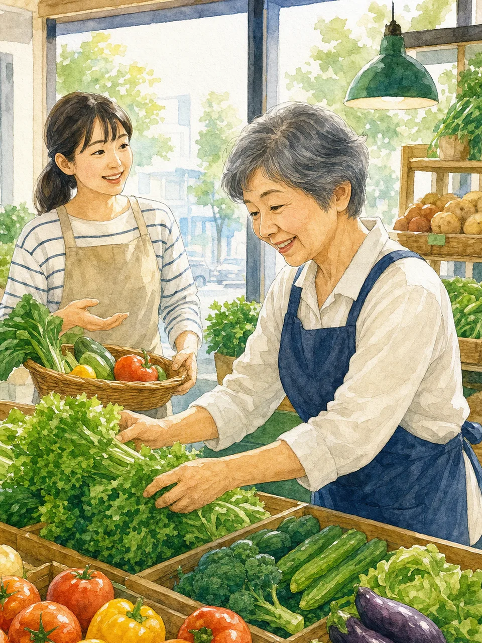 いきいきと働く日本人シニア（手描き水彩）。シニア就労、再雇用、地域の仕事、生涯現役の記事に使える素材です。