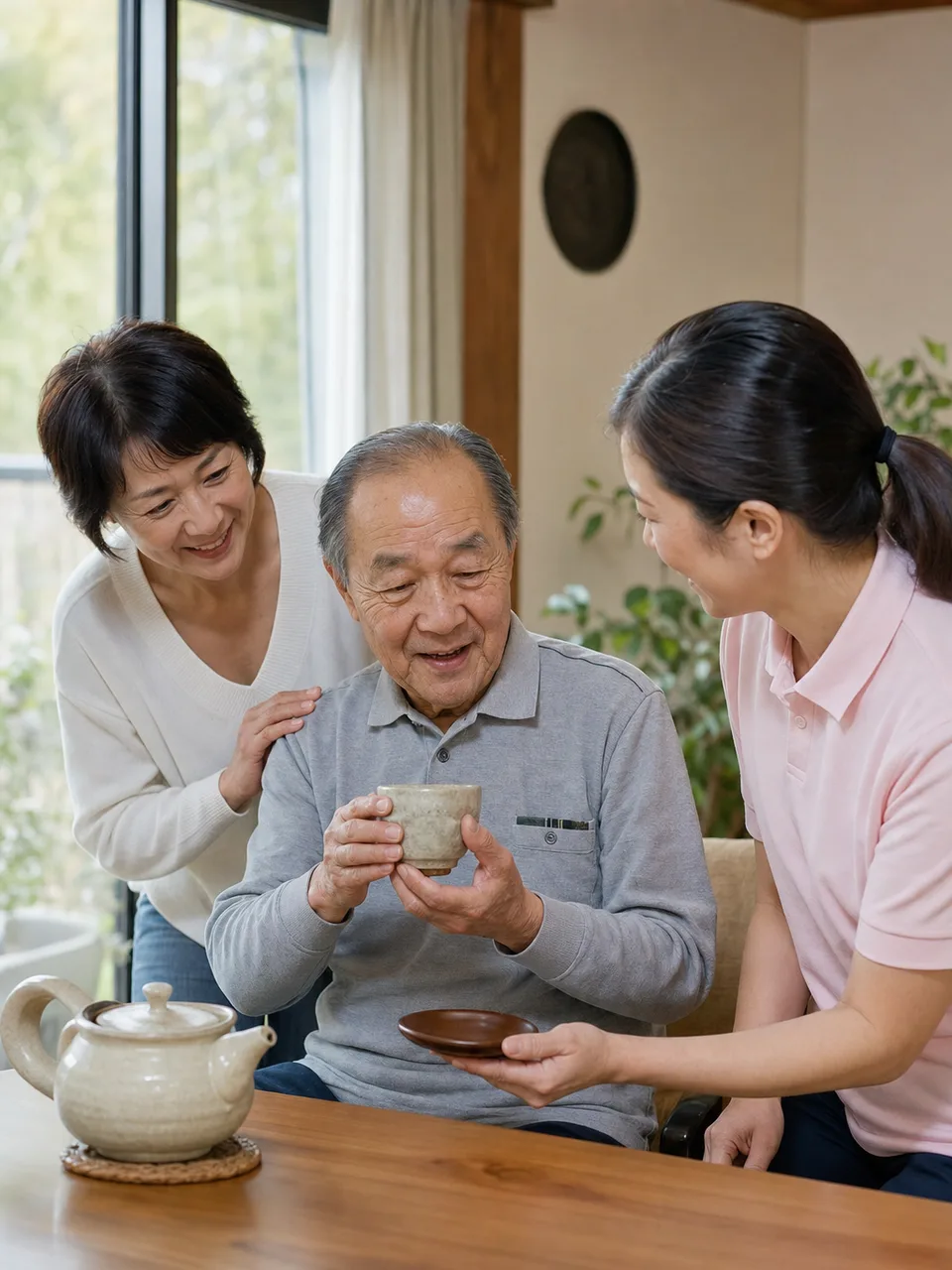 認知症の高齢者を支える家族と介護職（自然な縦位置写真）。認知症、在宅介護、デイサービス、家族支援の記事向け素材です。