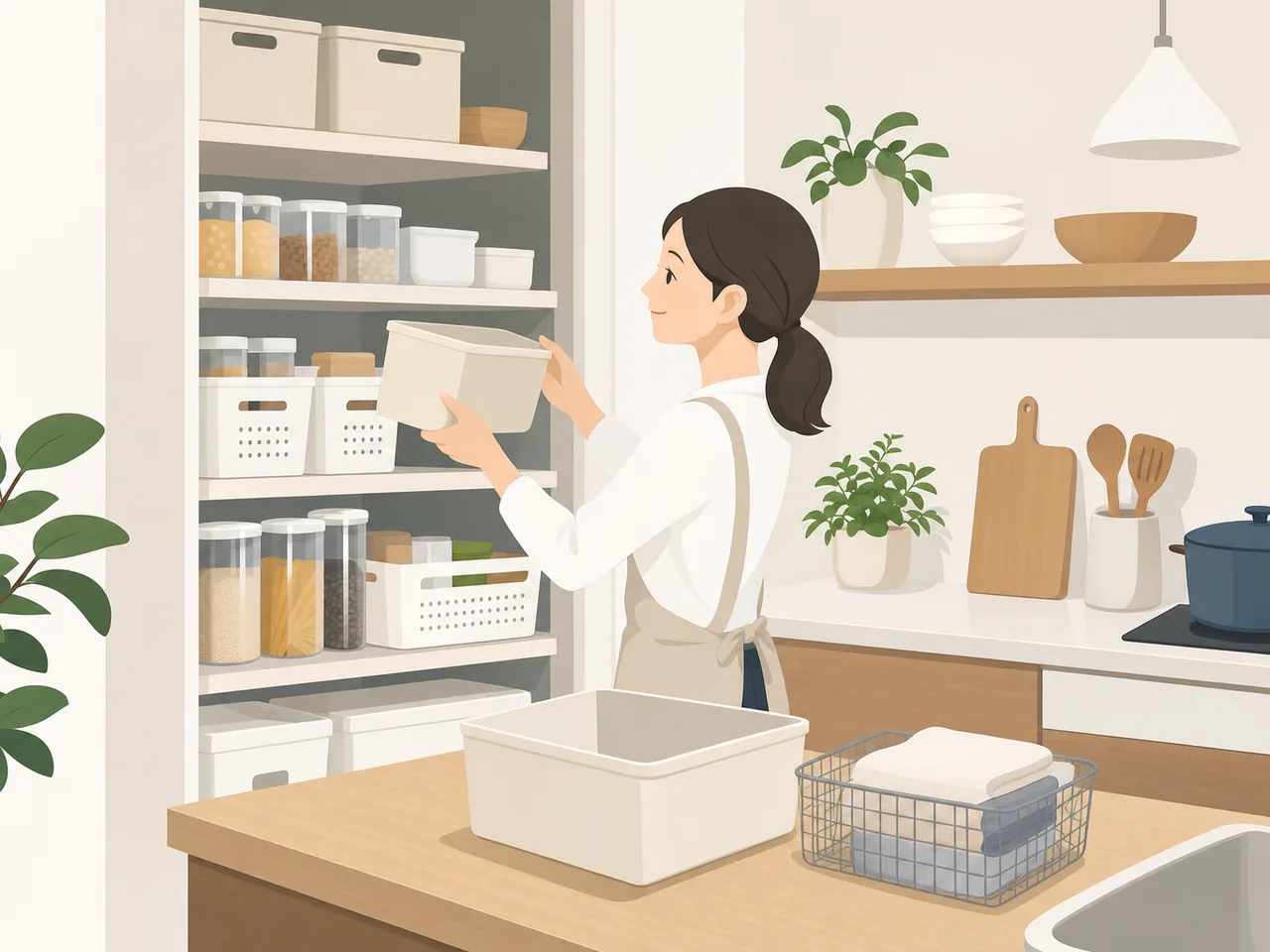 食品収納を計画する日本人家族（フラットイラスト）。パントリー収納、食品収納、キッチン収納、整理整頓の記事や案内に使える商用素材です。