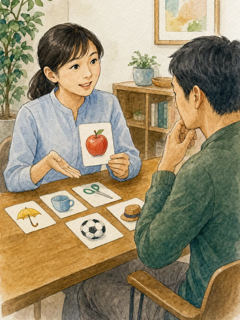 会話を支援する日本人言語聴覚士（手描き水彩）。言語聴覚士、コミュニケーション支援、リハビリの記事向け素材です。