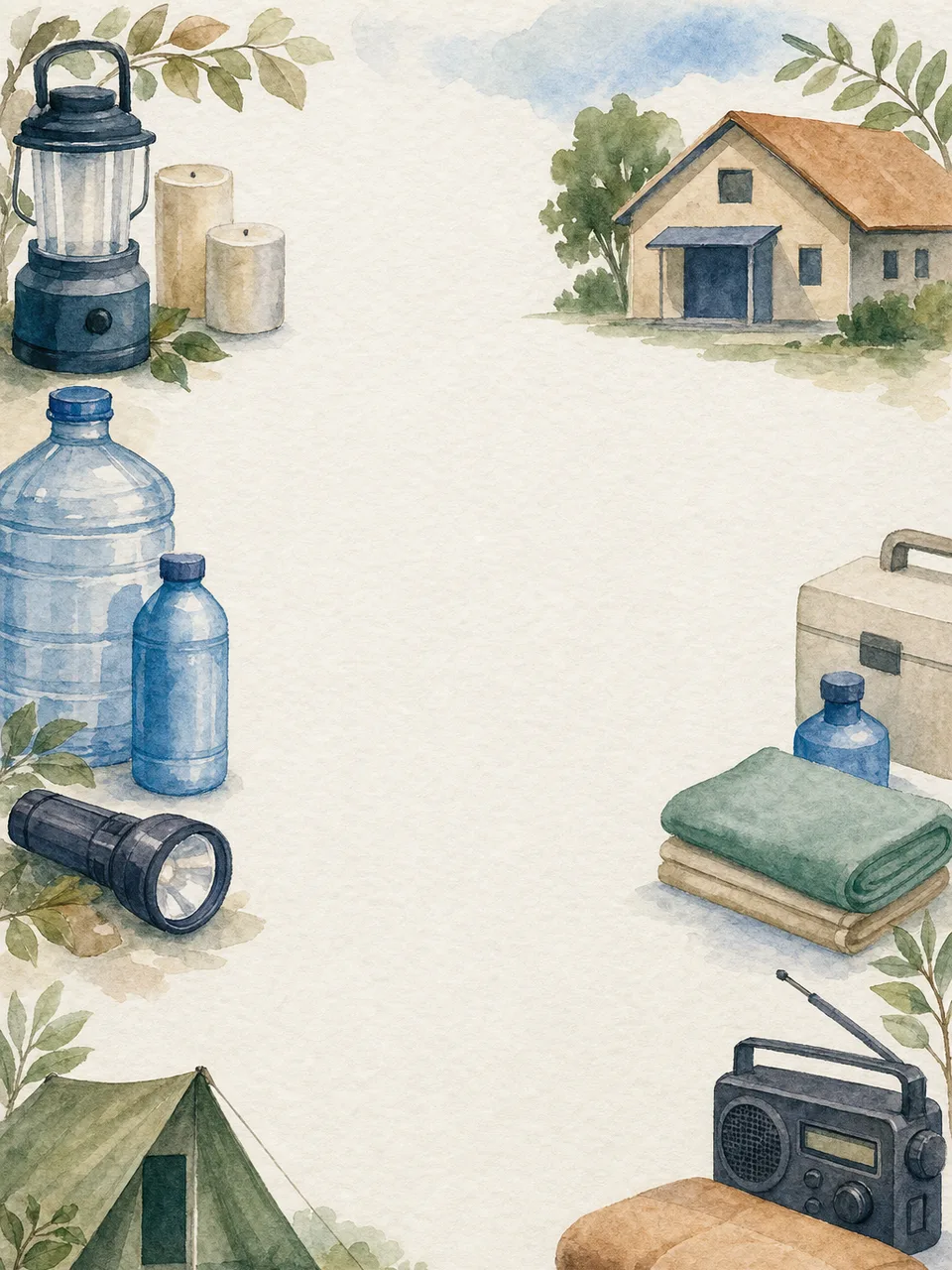 防災準備に使える背景（水彩フレーム）。防災背景、災害対策、備蓄、避難準備の記事や案内に使える商用素材です。