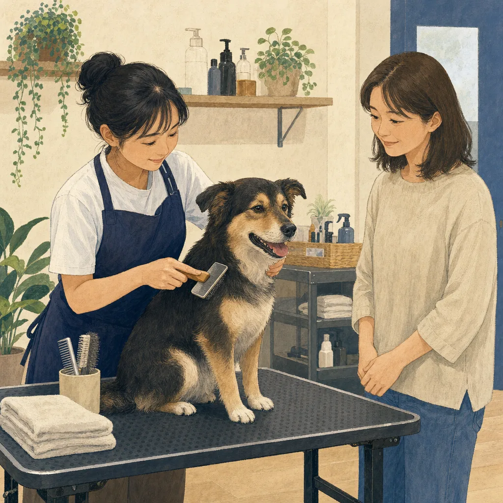 犬を手入れする日本人トリマー（編集記事向け）。トリマー、ペットサロン、犬、動物ケアの記事向け素材です。