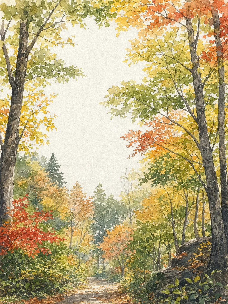 色づく日本の秋の森（水彩フレーム）。秋の森、紅葉、森林、季節の自然向け素材です。