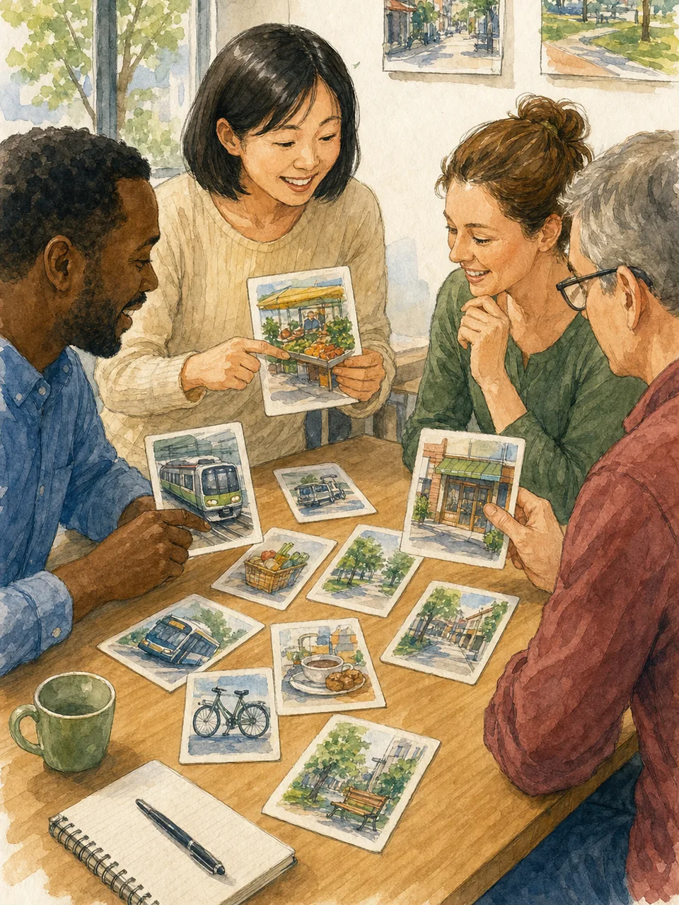日本語教室で学ぶ外国人住民（手描き水彩）。日本語教室、外国人住民、多文化共生、地域学習の記事向け素材です。