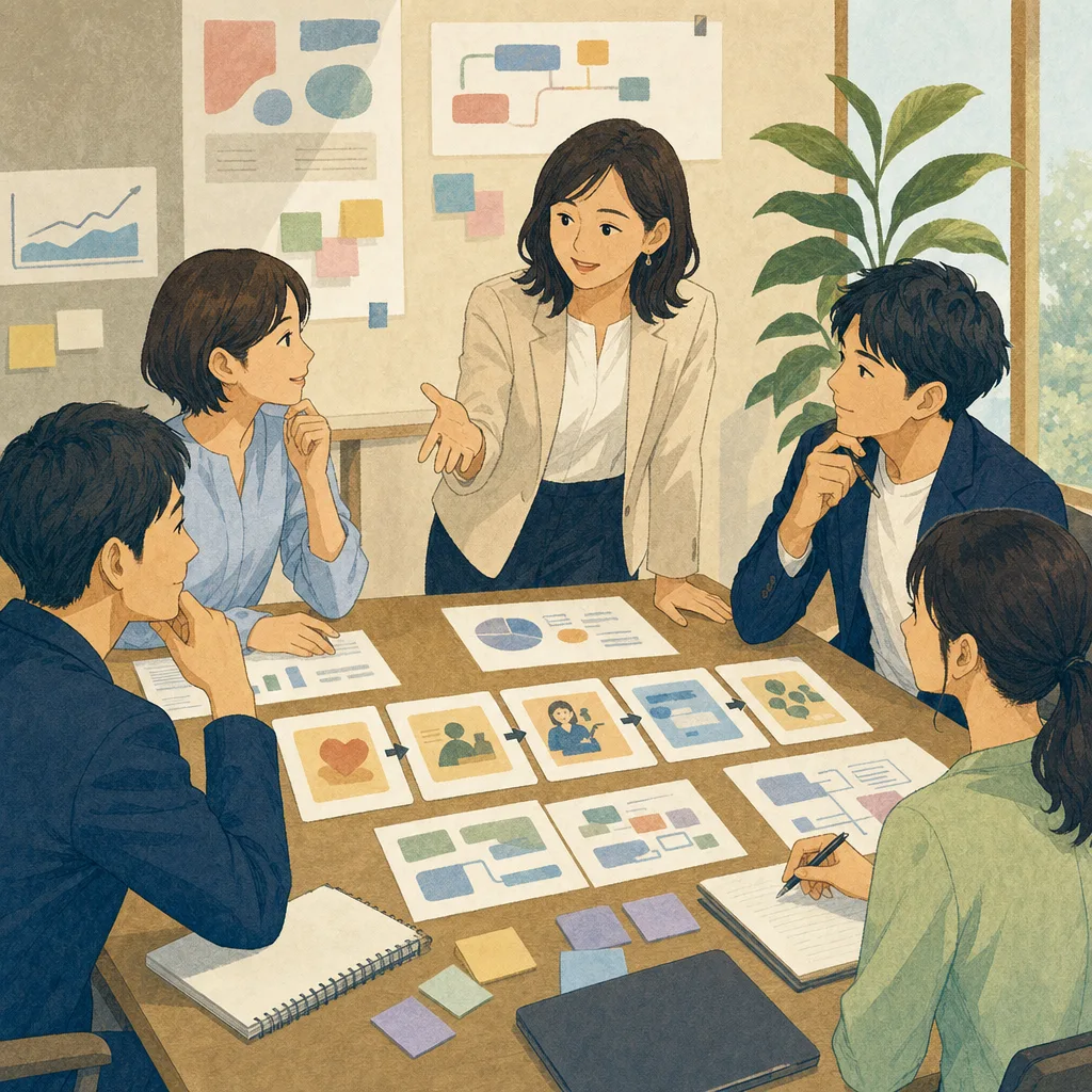 営業会議を行う日本人チーム（編集記事向け）。営業会議、販売計画、チーム、顧客理解の記事向け素材です。
