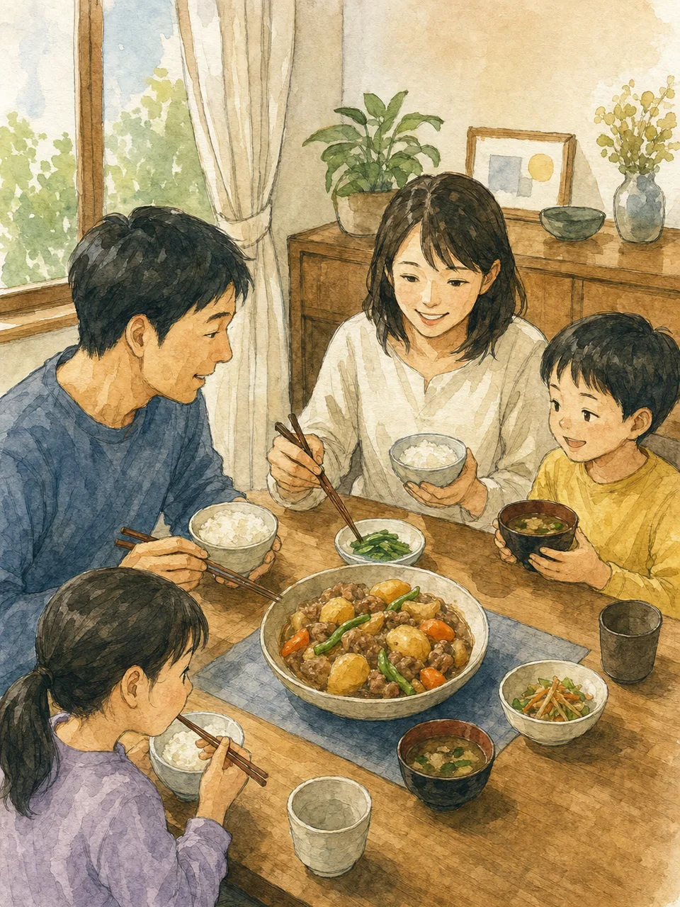肉じゃがを囲む日本人家族（手描き水彩）。肉じゃが、家庭料理、和食、家族の食卓の記事や案内に使える商用素材です。