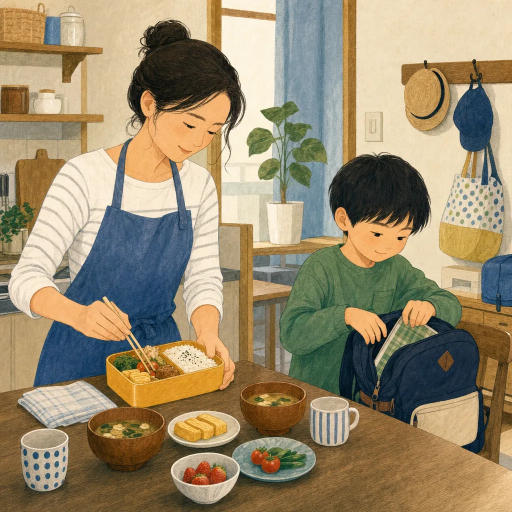 朝の支度をする日本人ひとり親家庭（編集記事向け）。ひとり親、一人親家庭、子育て、朝の暮らしの記事向け素材です。