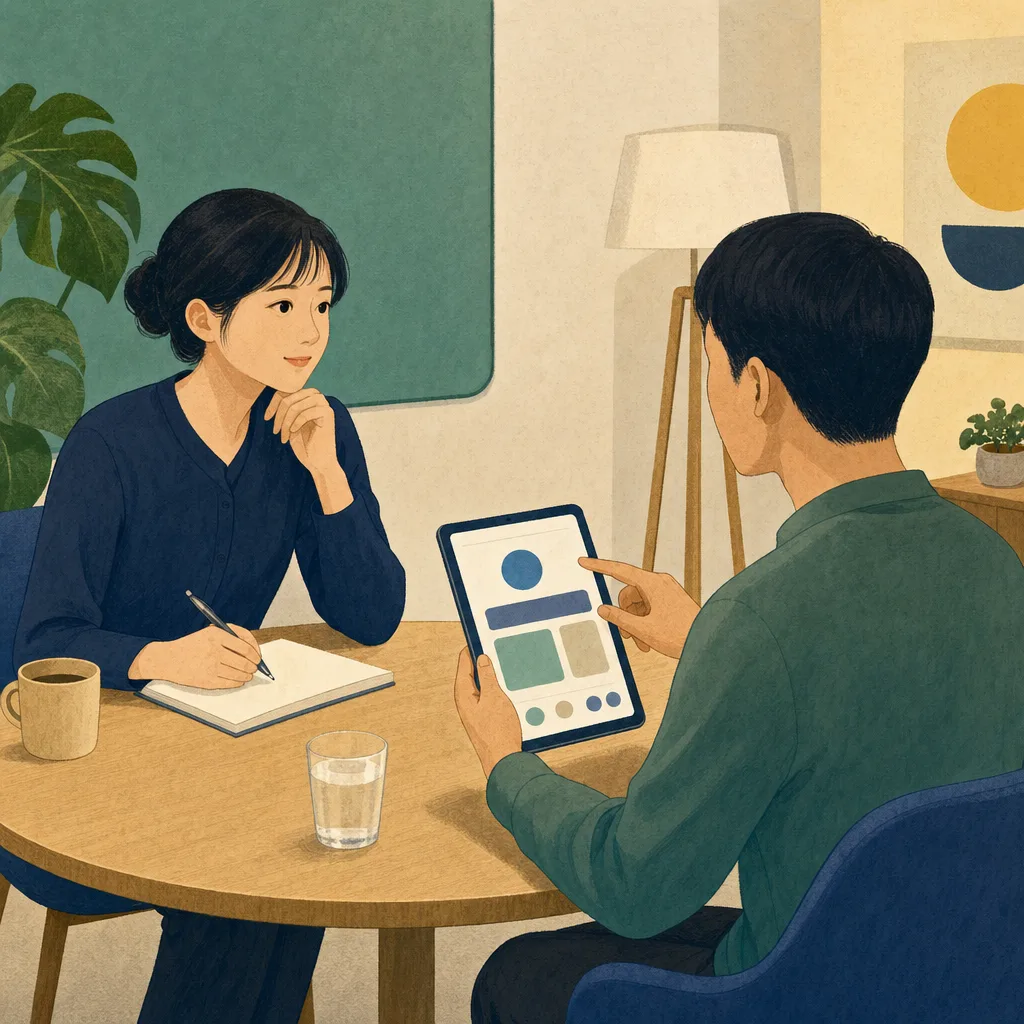 利用者調査をする日本人UXリサーチャー（編集記事向け）。UXリサーチ、ユーザーインタビュー、利用者調査、サービス開発の記事や案内に使える商用素材です。
