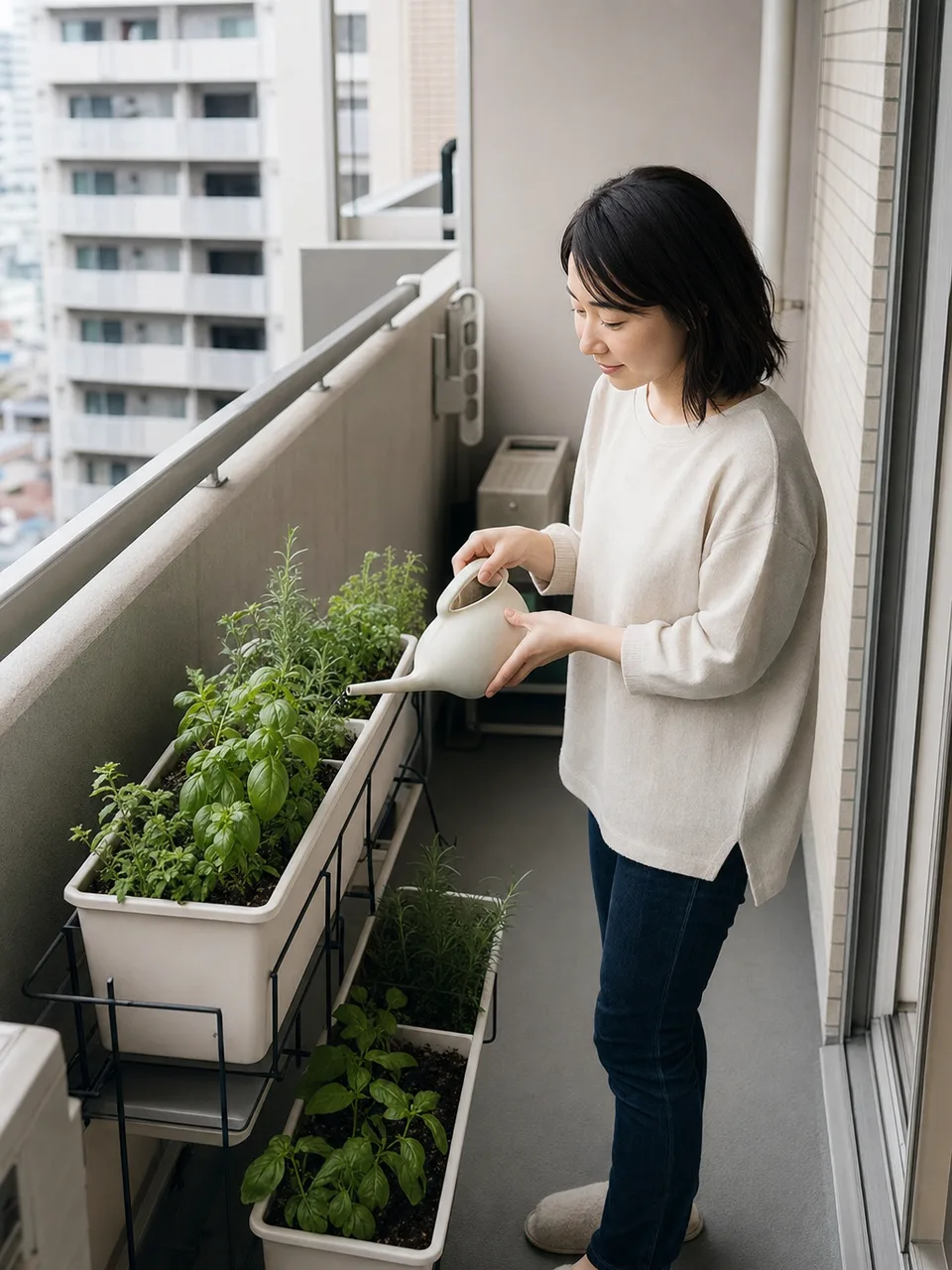 ベランダガーデニングを楽しむ日本人（自然な縦位置写真）。ベランダガーデニング、鉢植え、家庭菜園、住まいの記事向け素材です。