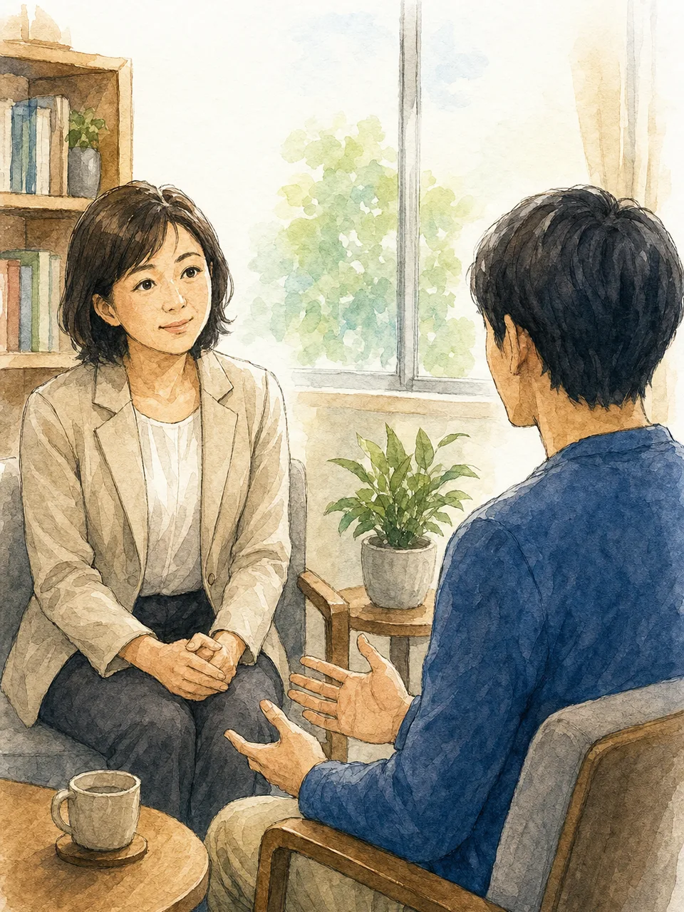 心理カウンセラーに相談する日本人（手描き水彩）。心理カウンセラー、悩み相談、メンタルヘルス、支援の記事向け素材です。