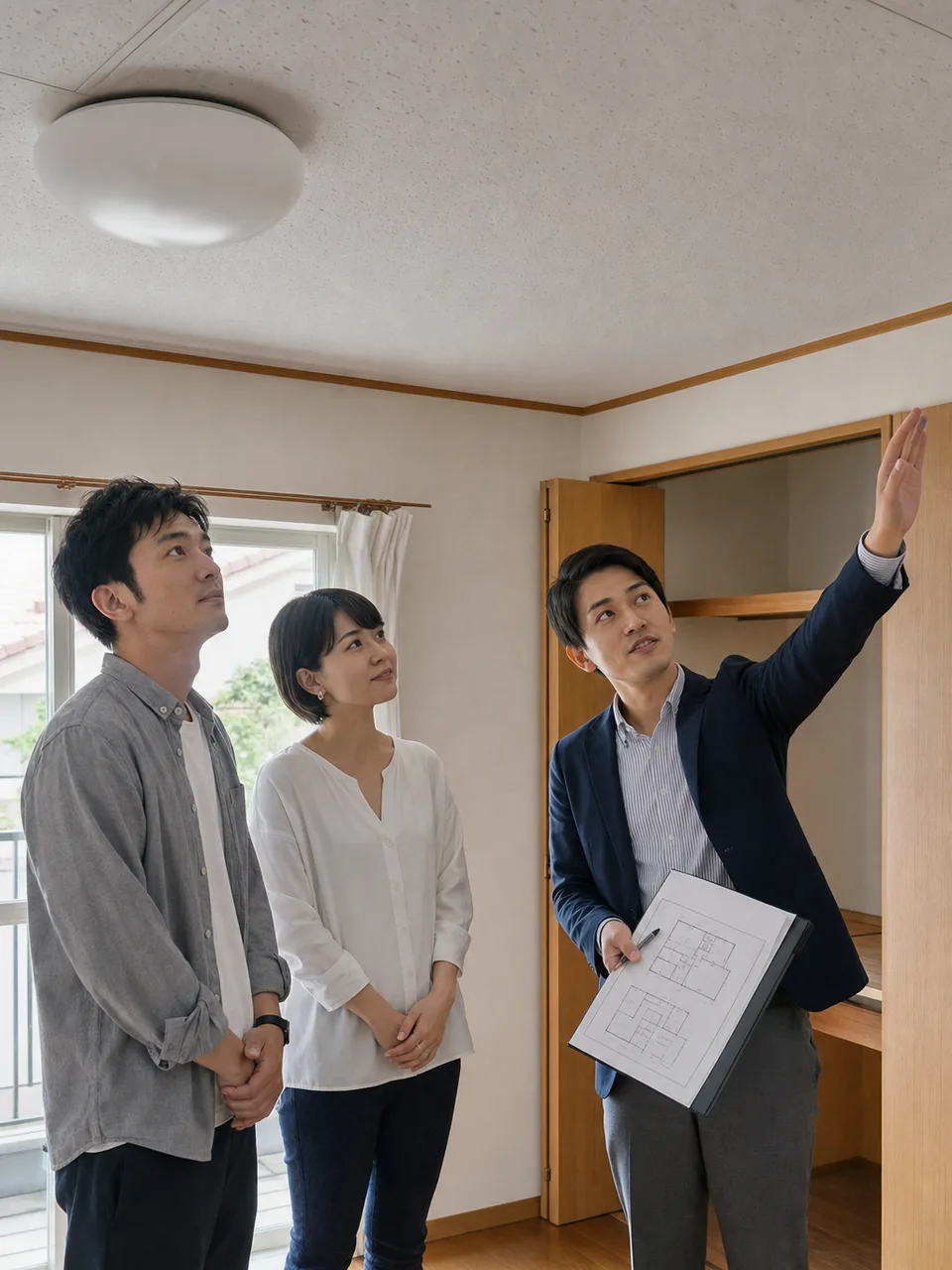 中古住宅の購入を検討する日本人（自然な縦位置写真）。中古住宅購入、内見、住宅点検、不動産の記事向け素材です。