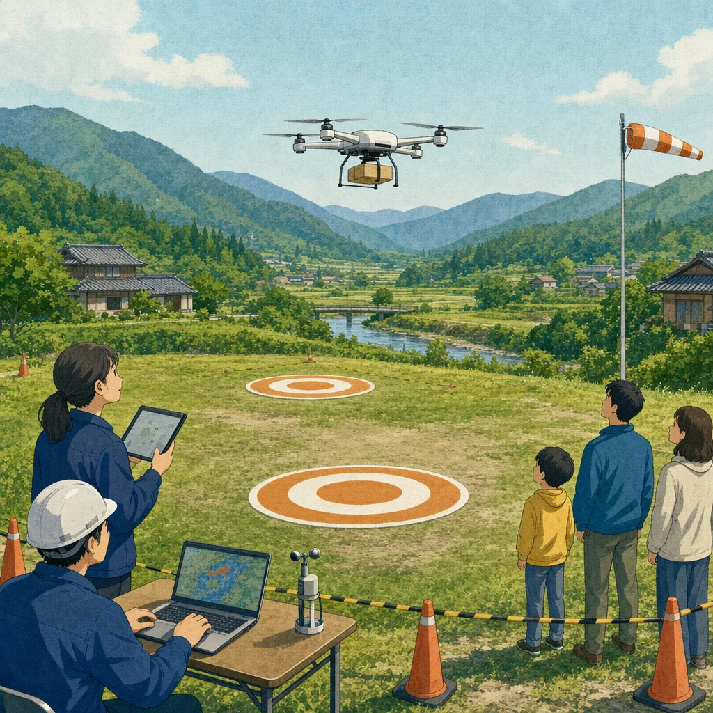 ドローン配送を実証する日本人チーム（編集記事向け）。ドローン配送、物流、実証実験、地域配送の記事向け素材です。