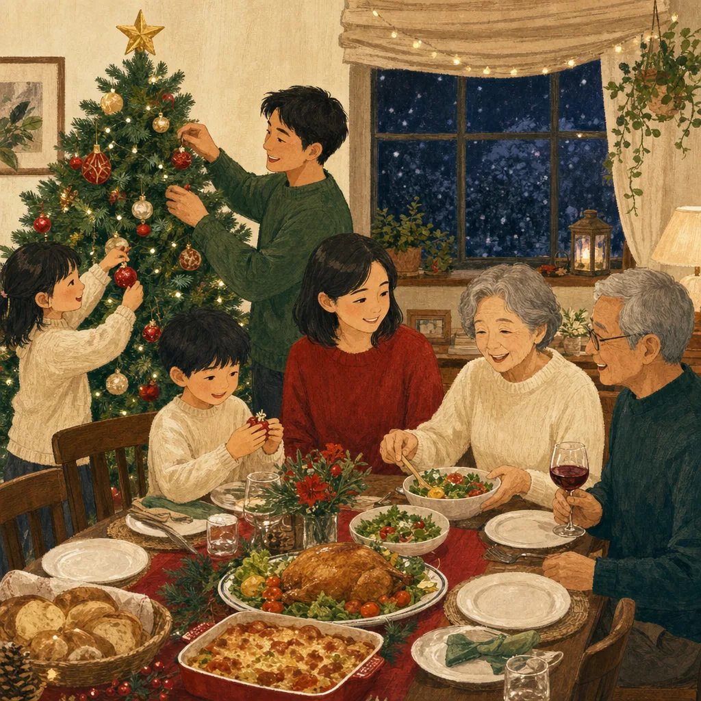 家族で楽しむクリスマス（編集記事向け）。冬のキャンペーンや家族向け記事に使える、日本の家庭の温かなクリスマス素材です。