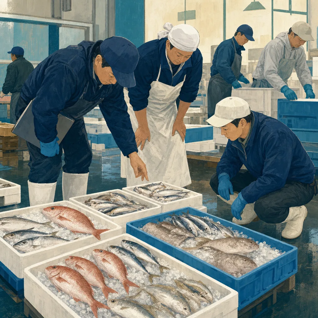 魚市場で鮮度を確認する日本人（編集記事向け）。魚市場、鮮魚、水産業、卸売市場の記事や案内に使える商用素材です。