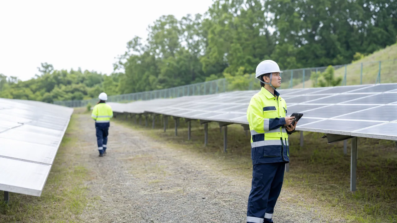 太陽光発電所を点検する日本人技術者（横長・コピースペース）。太陽光発電所、再生可能エネルギー、設備点検の記事向け素材です。