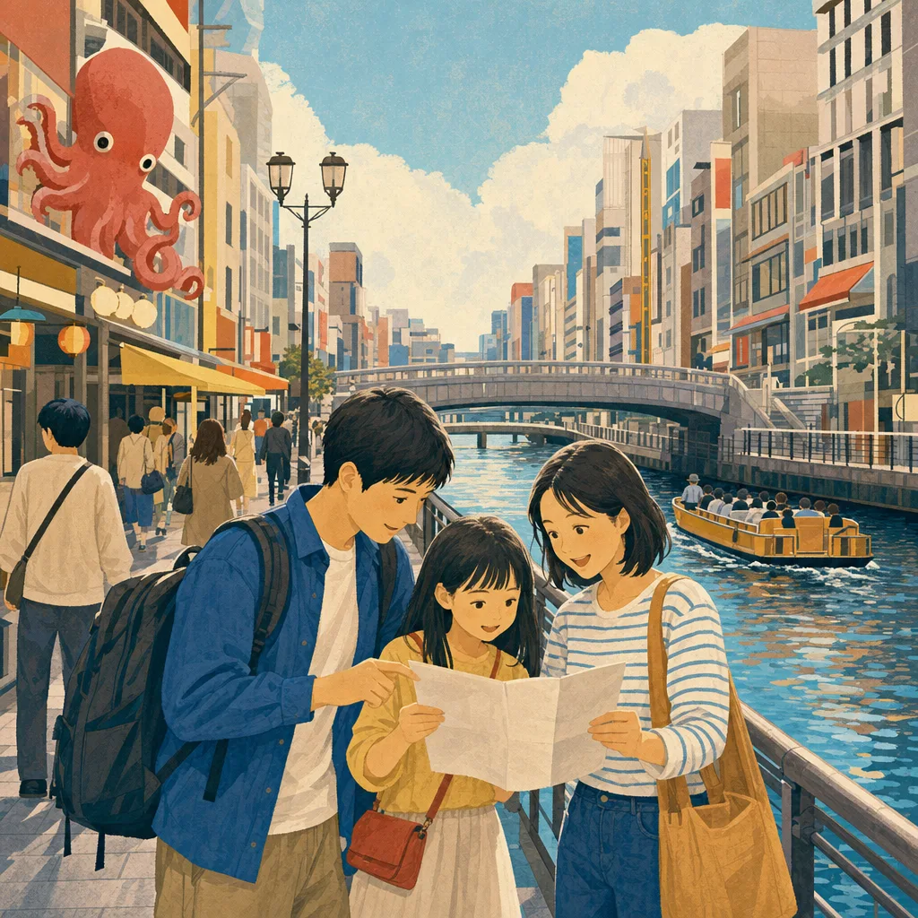 大阪の街歩きを楽しむ日本人旅行者（編集記事向け）。大阪、国内旅行、街歩き、都市観光の記事向け素材です。