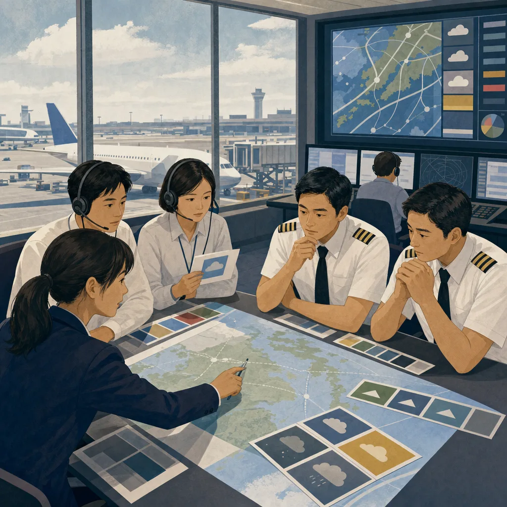 運航計画を確認する日本人ディスパッチャー（編集記事向け）。運航管理者、フライトディスパッチャー、航空、運航計画の記事や案内に使える商用素材です。