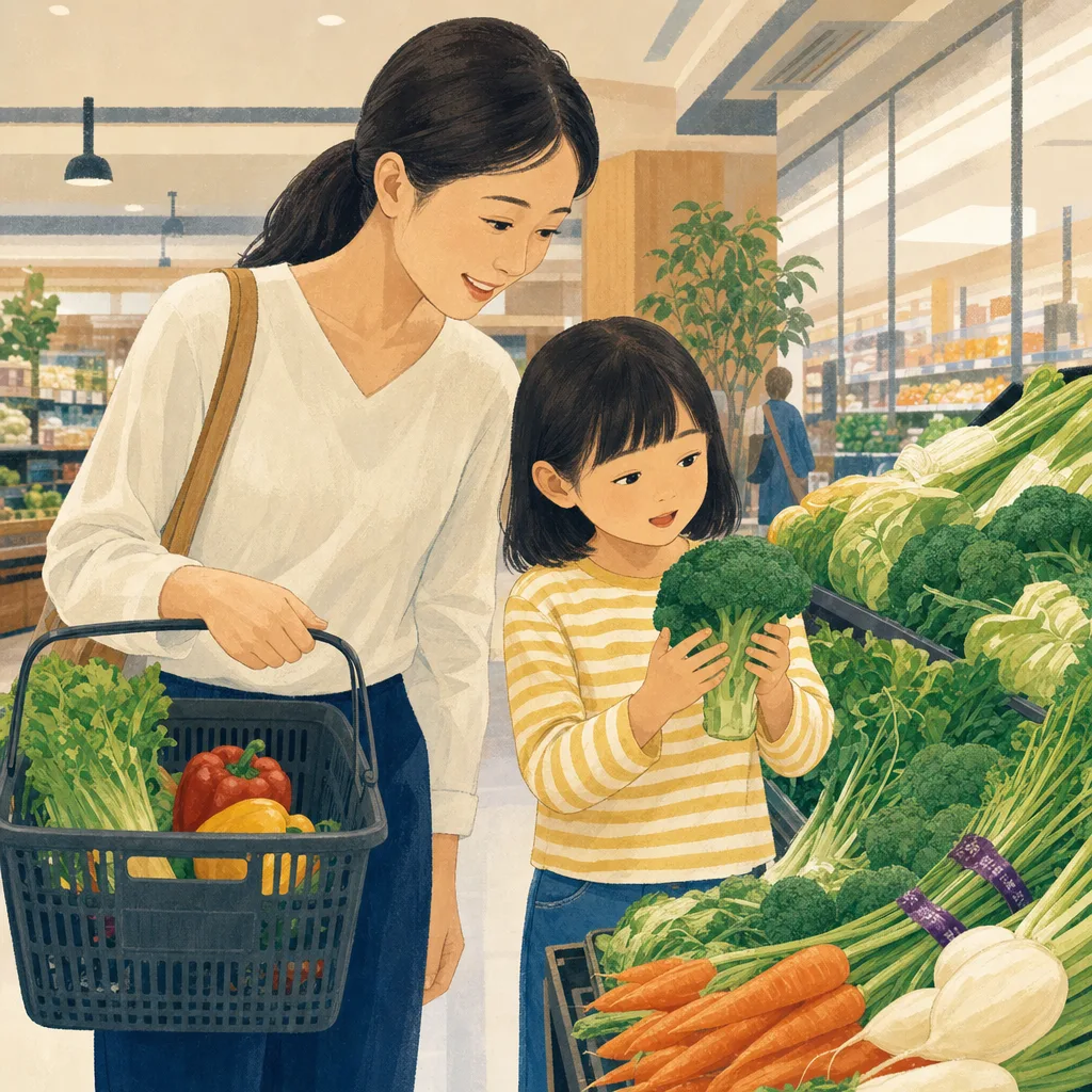 スーパーで食材を選ぶ日本人家族（編集記事向け）。スーパー、買い物、家計、食生活の記事に使える日常素材です。