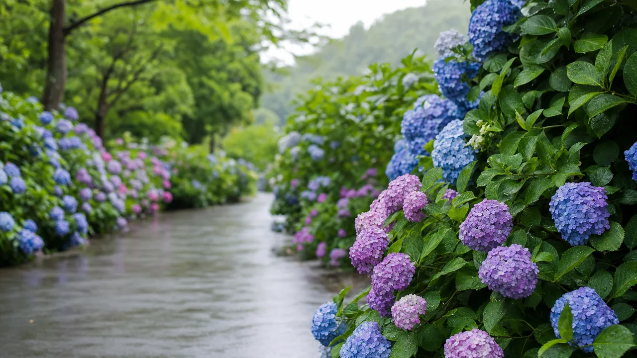 梅雨に咲く日本のあじさい園（横長・余白背景）。あじさい園、紫陽花、梅雨、花の風景向け素材です。