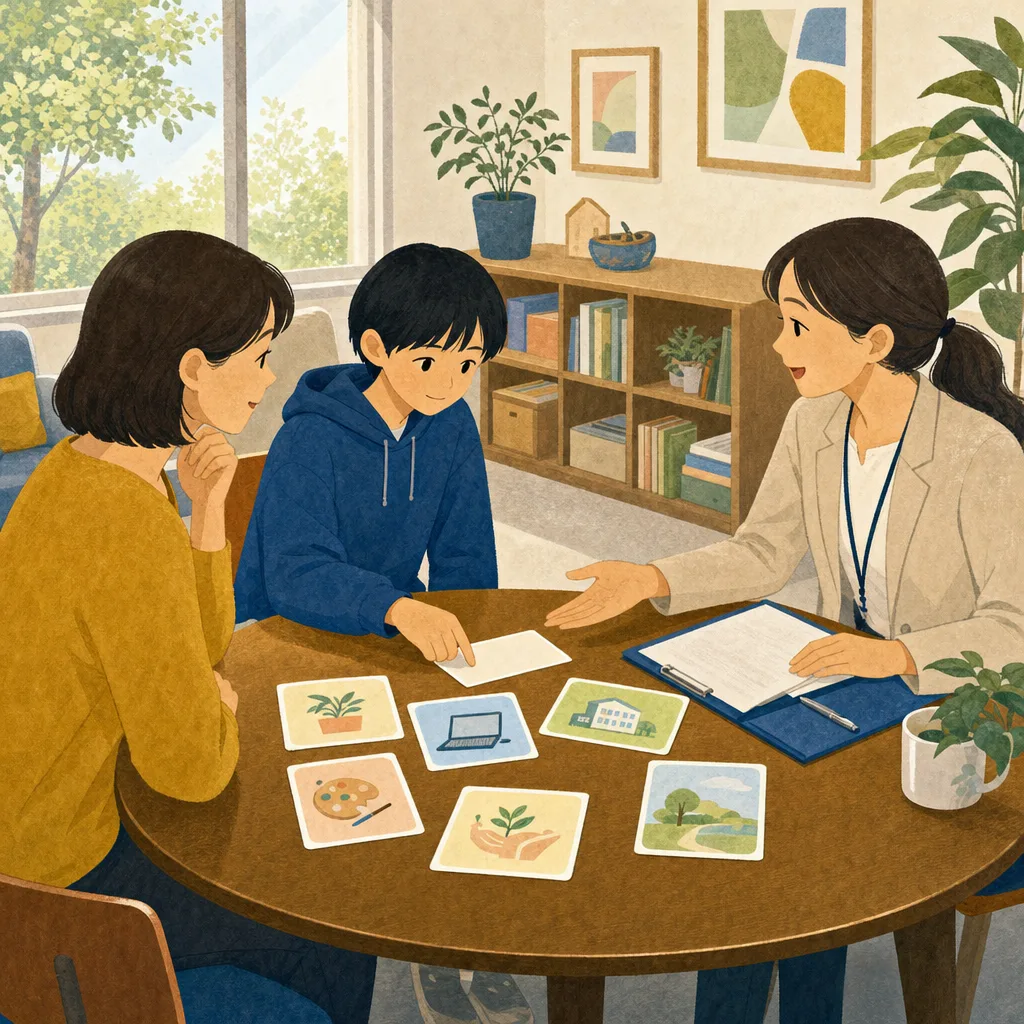 不登校について相談する日本人親子（編集記事向け）。不登校、教育相談、子どもの意思、学びの選択肢の記事向け素材です。