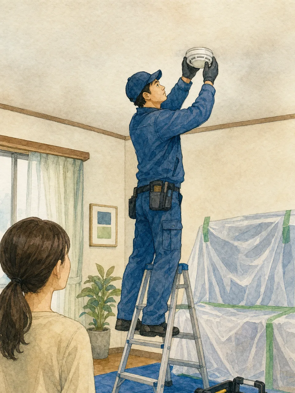 住宅用火災警報器を交換する日本人技術者（手描き水彩）。火災警報器、住宅防火、交換作業、住宅設備の記事や案内に使える商用素材です。