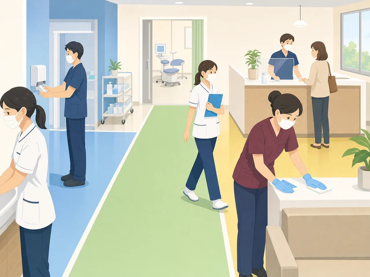 感染対策を確認する日本人医療チーム（フラットイラスト）。院内感染対策研修、手指衛生研修、感染対策、医療安全の記事や案内に使える商用素材です。