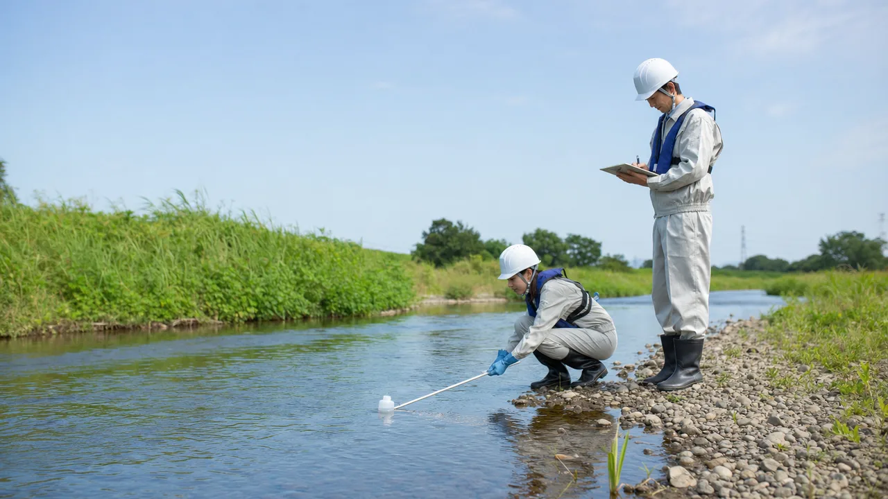 川の水質を調べる日本人調査員（横長・コピースペース）。河川水質調査、水質検査、環境調査、川の記事や案内に使える商用素材です。