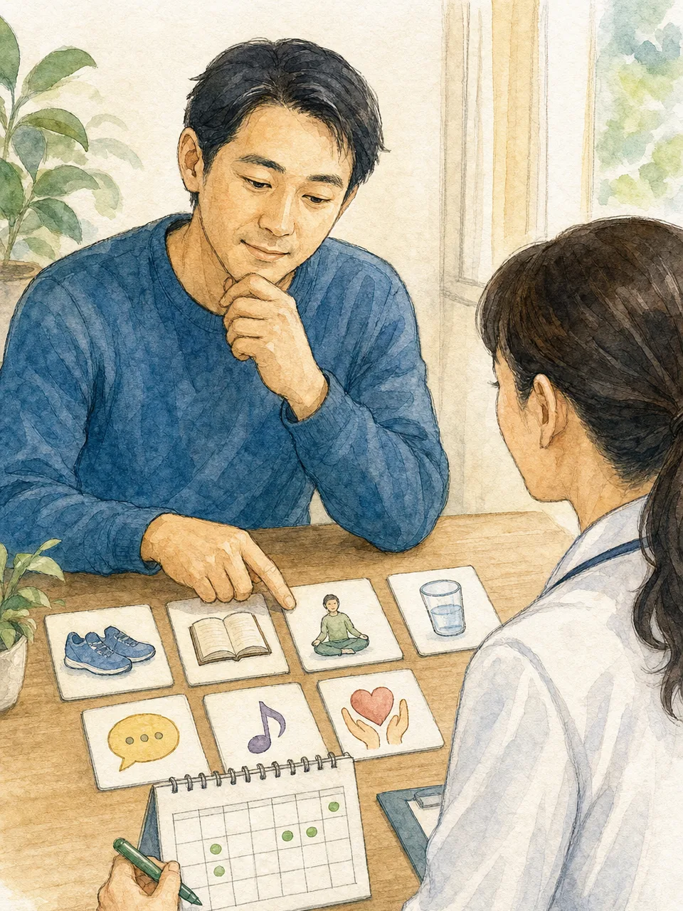 禁煙を相談する日本人（手描き水彩）。禁煙、禁煙外来、健康相談、生活改善の記事向け素材です。