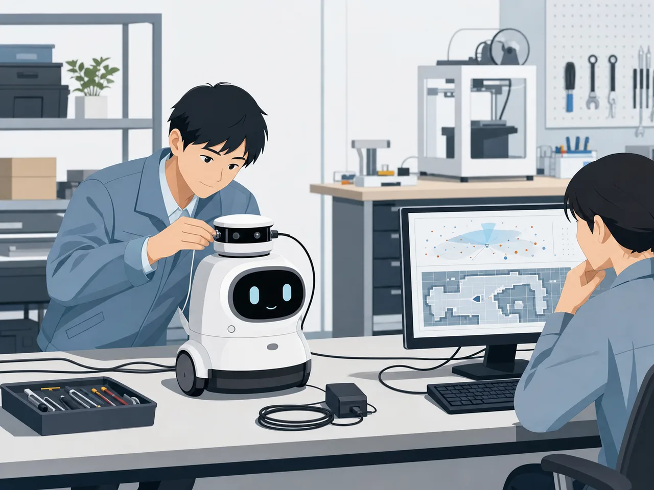 AIロボットを開発する日本人エンジニア（フラットイラスト）。人工知能、ロボット、研究開発、DXの記事に使える技術素材です。