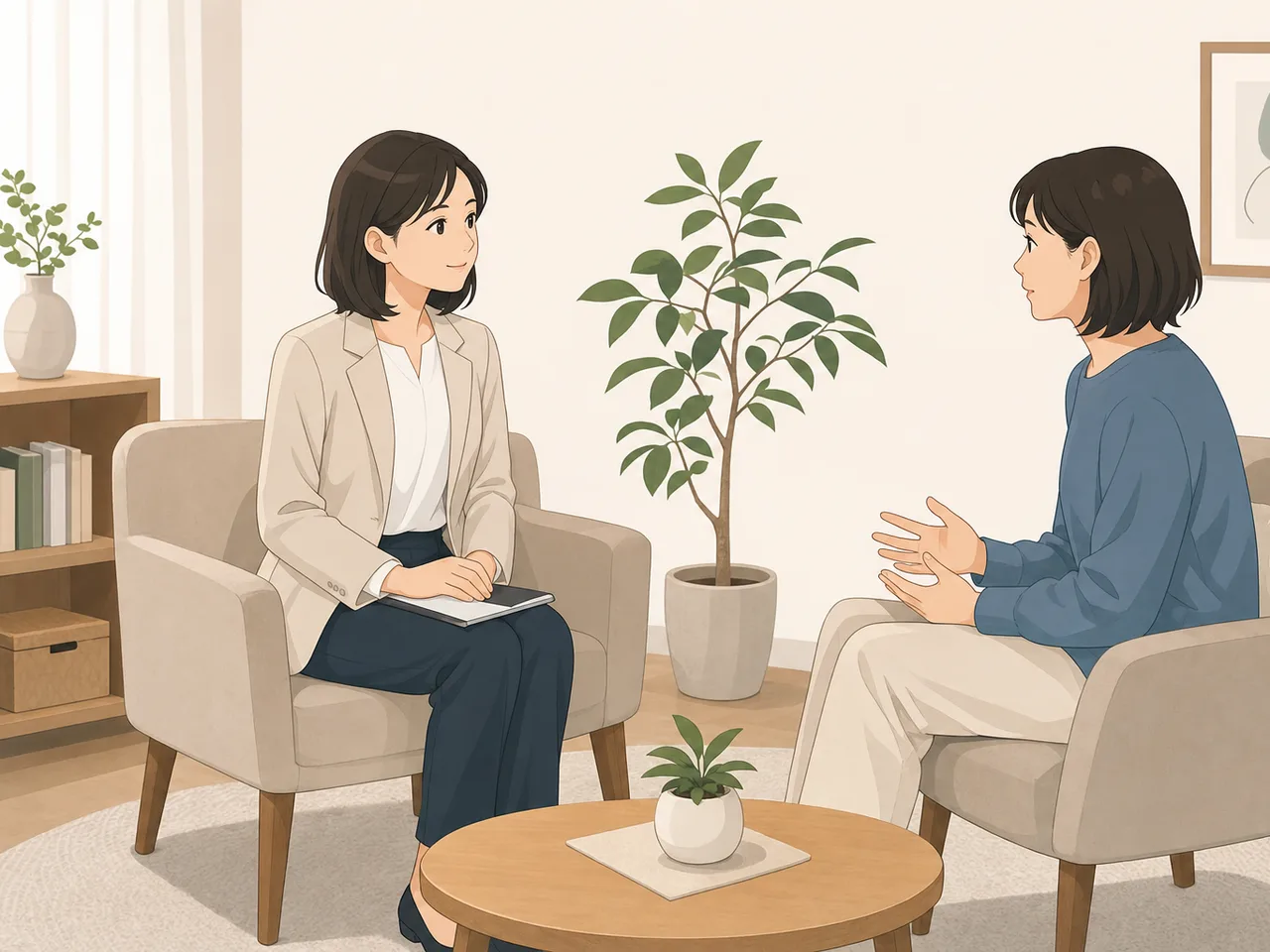 心理カウンセラーに相談する日本人（フラットイラスト）。心理カウンセラー、悩み相談、メンタルヘルス、支援の記事向け素材です。