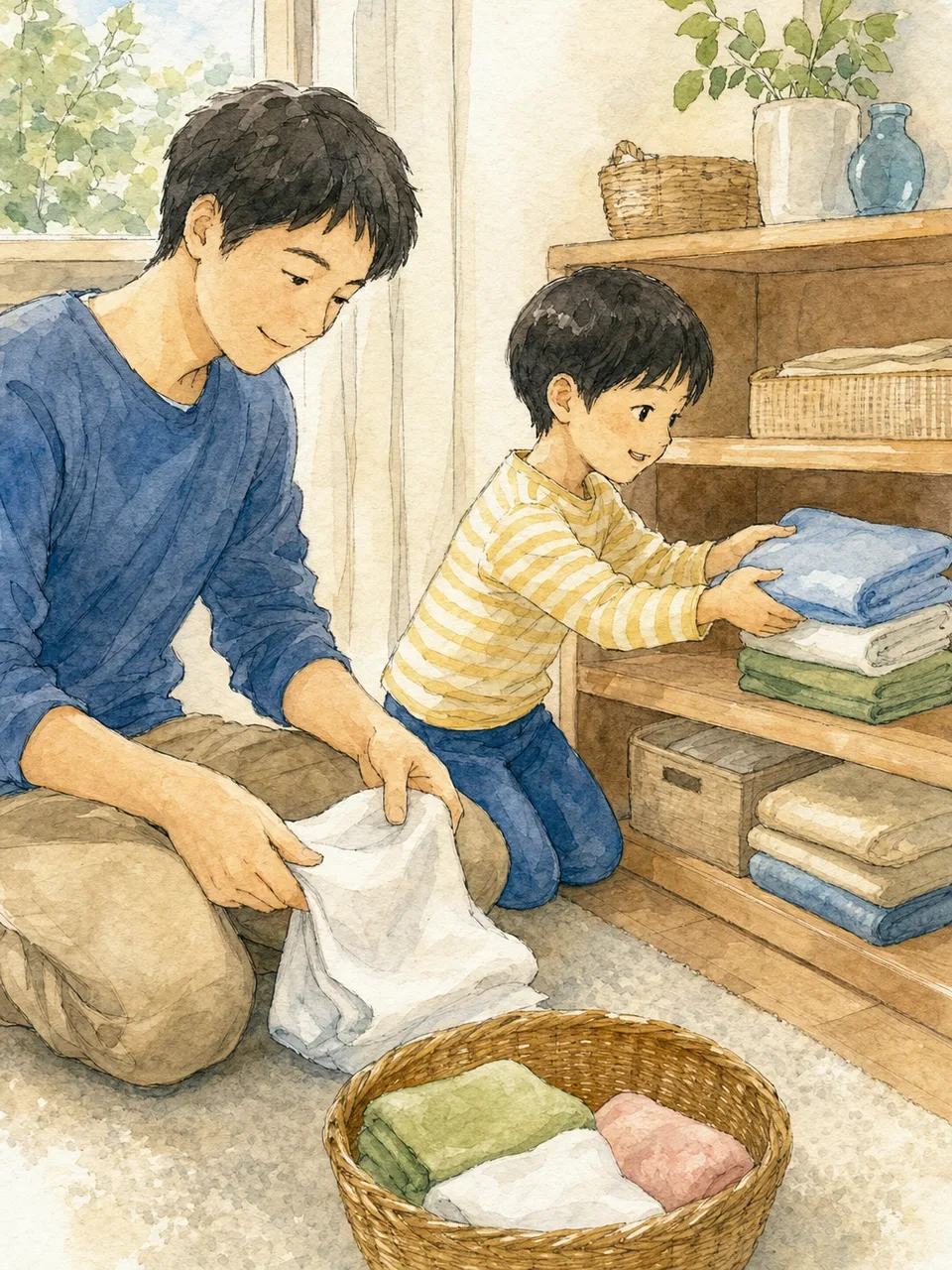 家のお手伝いをする日本人の子ども（手描き水彩）。子どものお手伝い、親子、家事、生活習慣の記事向け素材です。