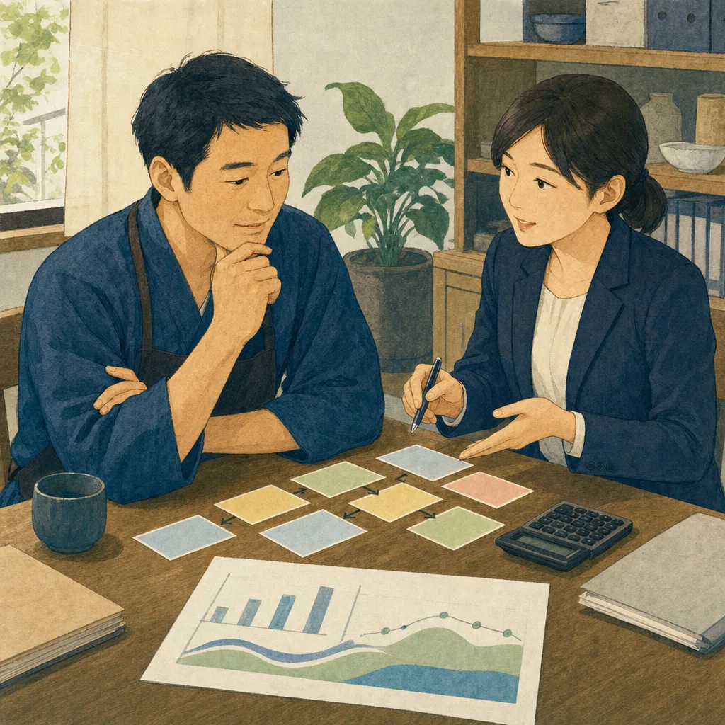 資金繰りを確認する日本の中小企業（編集記事向け）。資金繰り、中小企業、経営、会計の記事や案内に使える商用素材です。