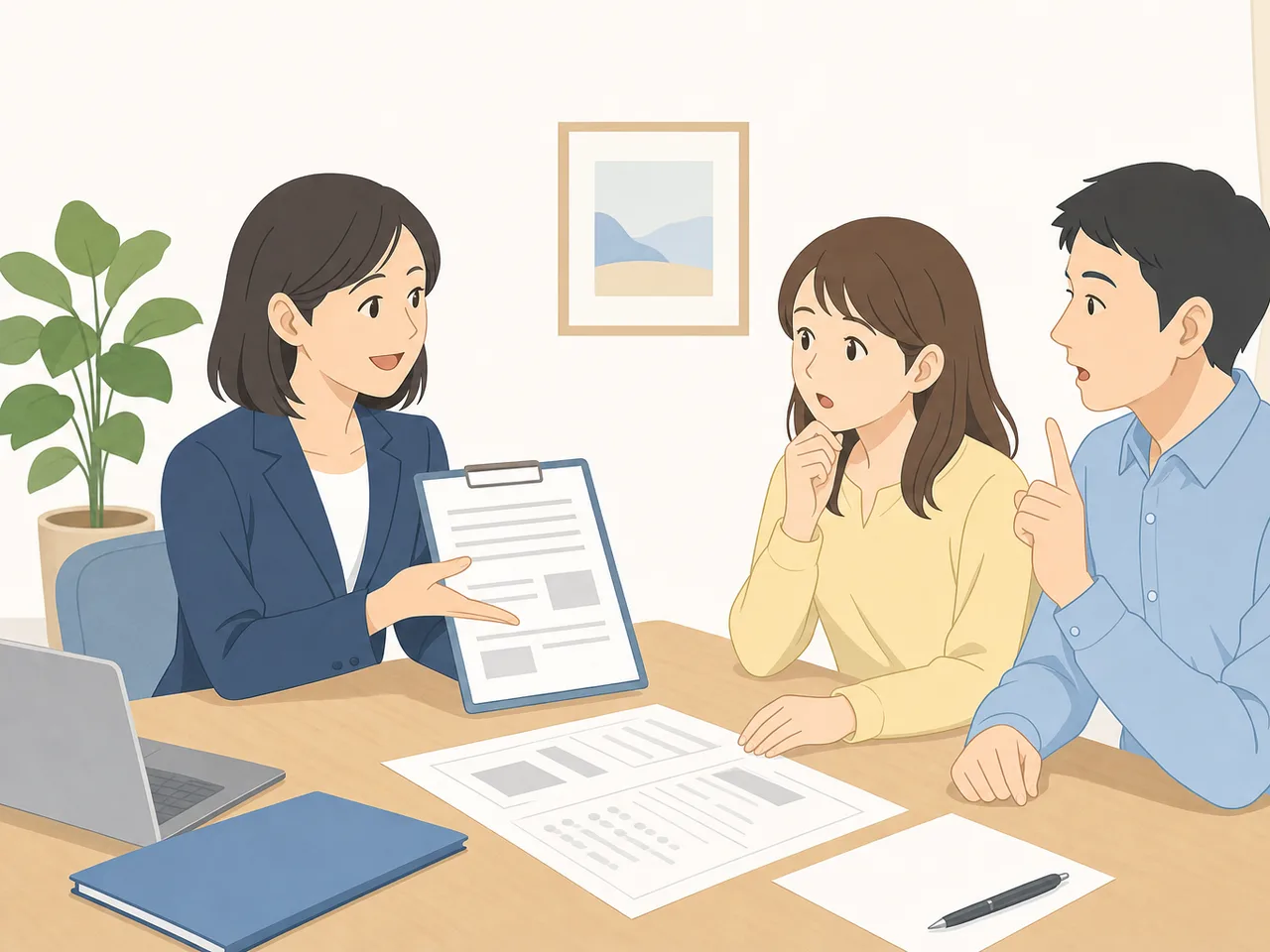 賃貸契約の説明を受ける日本人（フラットイラスト）。賃貸契約、不動産、部屋探し、重要事項説明の記事向け素材です。