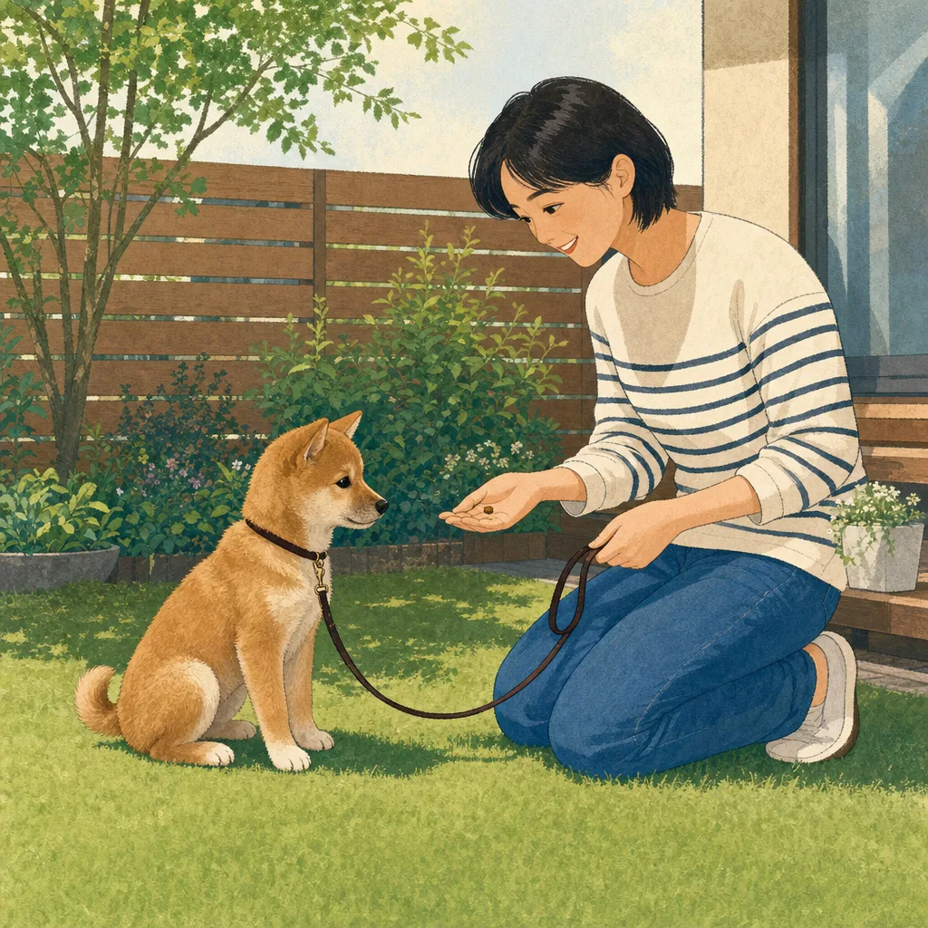 子犬をしつける日本人飼い主（編集記事向け）。子犬、犬のしつけ、ペットケア、暮らしの記事向け素材です。