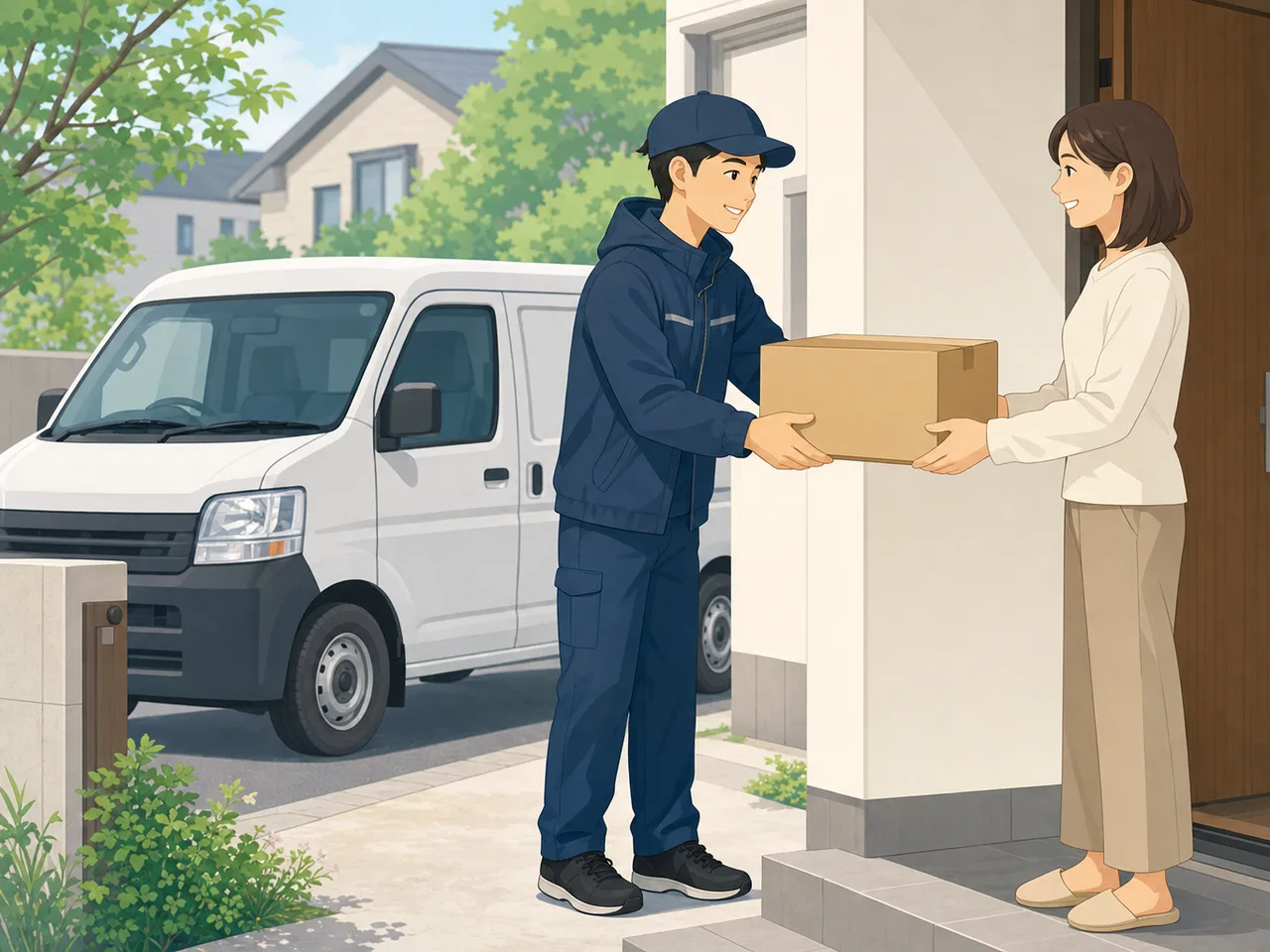 宅配便を届ける日本人ドライバー（フラットイラスト）。宅配便、物流、配送、ラストワンマイルの記事向け素材です。