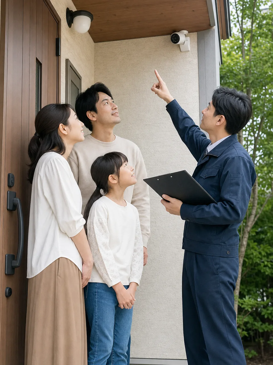 住宅防犯を確認する日本人家族（自然な縦位置写真）。住宅防犯、防犯カメラ、戸締まり、住まいの安全の記事向け素材です。