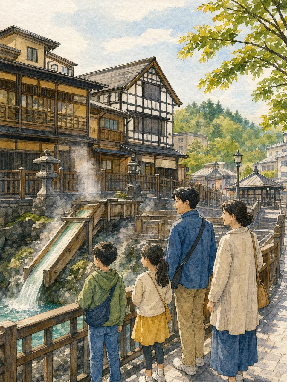 群馬の温泉街を歩く旅行者（手描き水彩）。群馬旅行、温泉街、温泉旅行、関東旅行の記事や案内に使える商用素材です。