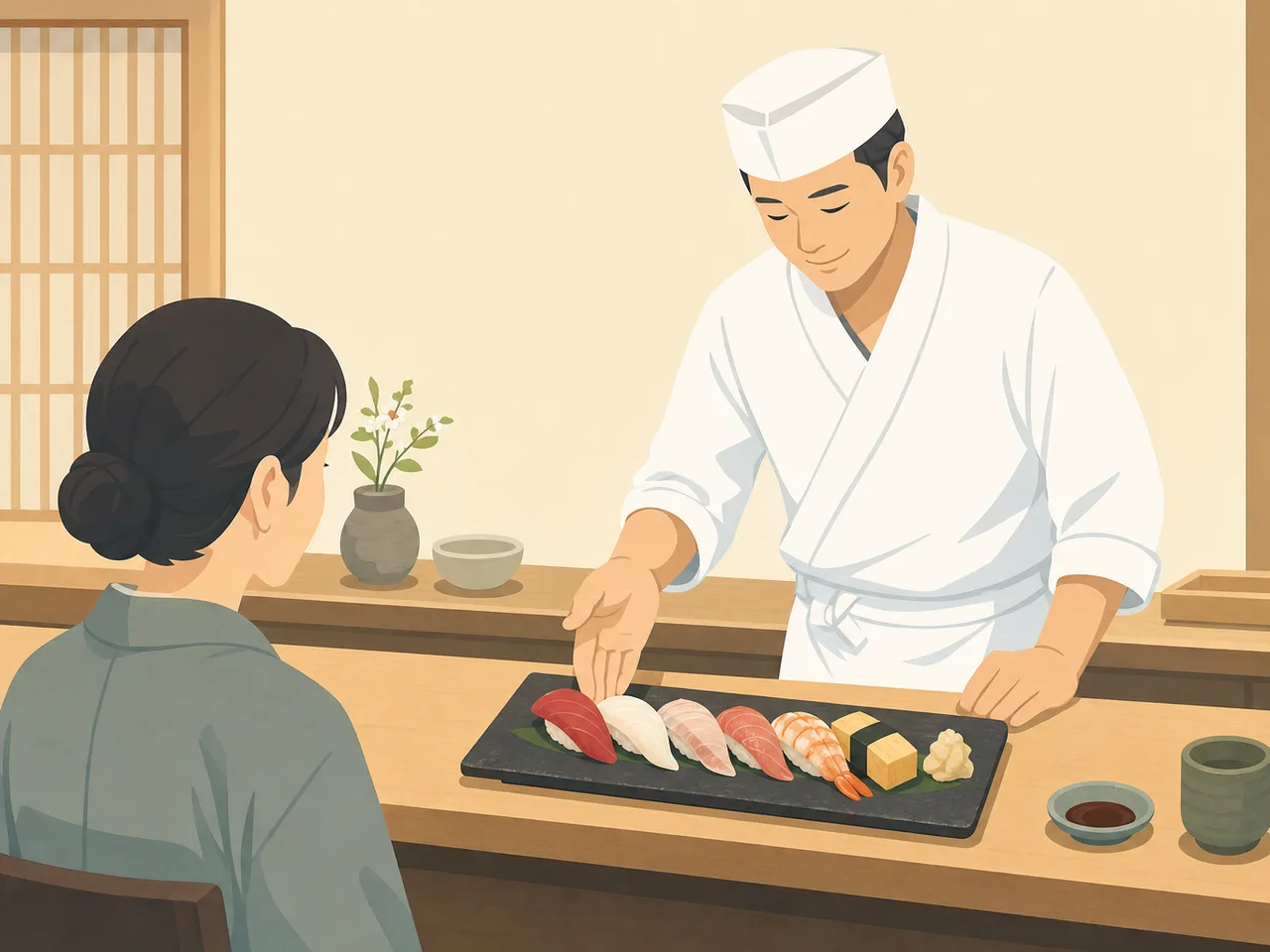 寿司を握る日本人職人（フラットイラスト）。寿司、日本料理、職人、飲食店の紹介に使える調理場面です。