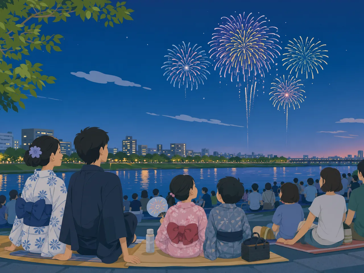 花火大会を楽しむ日本人の人々（フラットイラスト）。花火大会、夏、地域イベント、観光の記事に使える季節素材です。