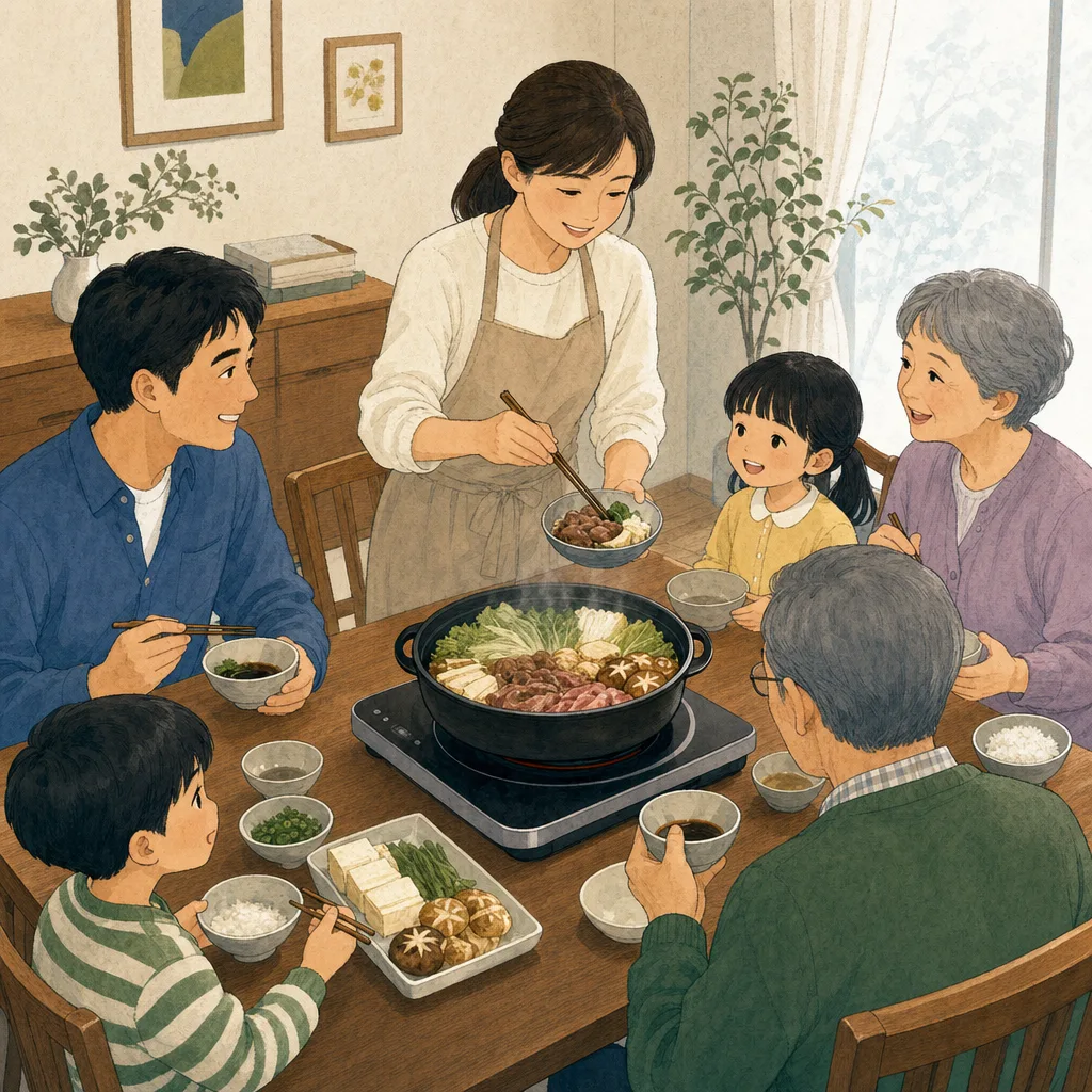 すき焼きを囲む日本人家族（編集記事向け）。すき焼き、家族、鍋料理、日本の食文化の記事向け素材です。