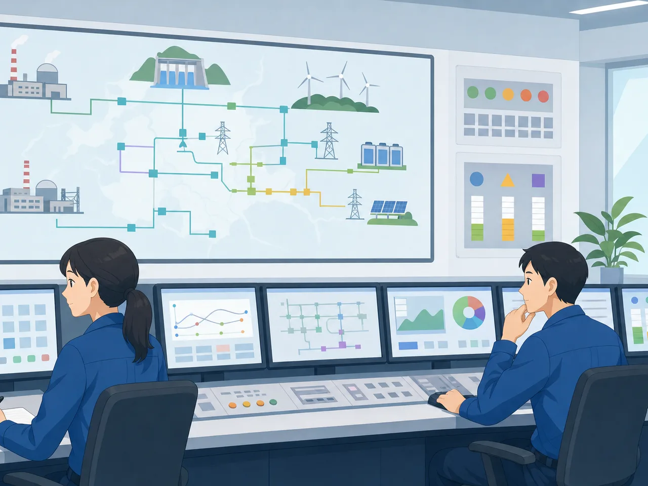 電力系統を運用する日本人チーム（フラットイラスト）。電力系統、系統運用、電力供給、監視制御の記事や案内に使える商用素材です。